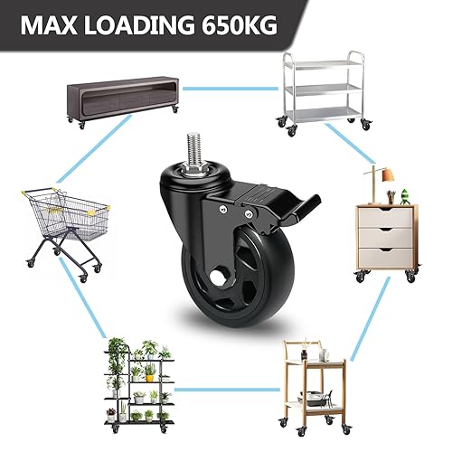 RRIUTO Möbelrolle mit Bremse, 75mm Lenkrollen M10 X 30mm Schraube, Transportrollen Doppellager mit 360-Grad-Rotation, 4 Stück Schwerlastrollen Rollen für Möbel Tragkraft 400KG - Cheap-Us