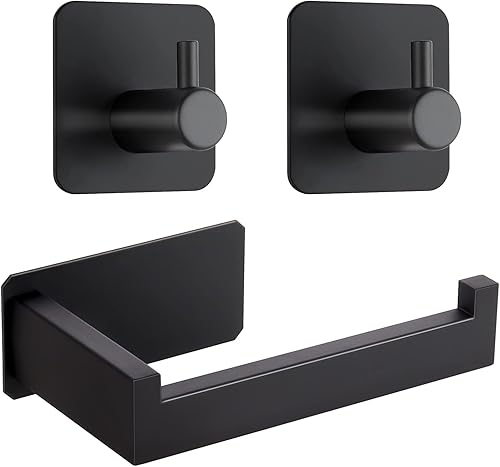Toilet Paper Holder No Drilling Required,Selbstklebend Klopapierhalter WC Papierhalter Edelstahl Toilettenpapierrollenhalter mit 2 Stück Handtuchhaken für Küche und Badzimmer (Schwarz) - Cheap-Us