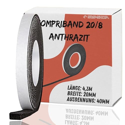 Kompriband 20mm breit – 4,3m lang, expandiert von 8 auf 40mm, 20/8, selbstklebend, Dichtungsband für Dachrinne, Fensterdichtband, Abdichtungsband & Vorlegeband, Fenster Isolierung Gegen Kälte - Cheap-Us