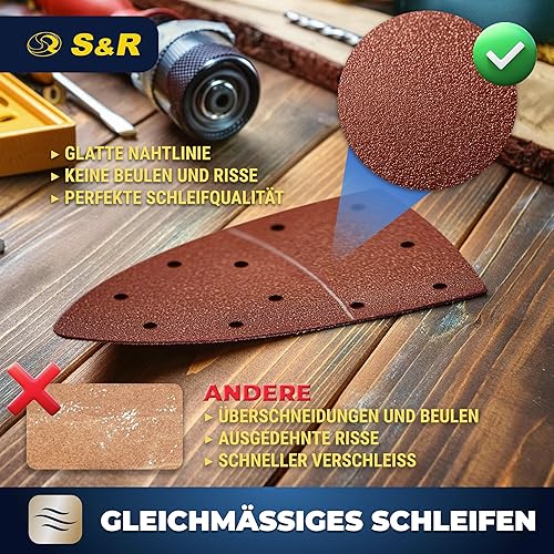 S&R Klett-Schleifpapier Set 105x152 mm (93x93x93 mm) – 60-teilig für Delta- & Dreieckschleifer: Ideal für Holz, Metall, Kunststoff & mehr - Körnung P40 bis P240, 11-Loch, langlebig und effizient - Cheap-Us
