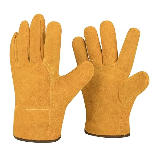 Arbeitshandschuhe, Schweißhandschuhe, Lederhandschuhe, hitzebeständig, schwer entflammbar für Schweißen, Gartenarbeit, Camping, Kamin, Herd, Grill, Lager, Bau, Herren und Damen - Cheap-Us