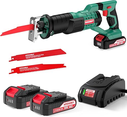 HYCHIKA Säbelsäge, 18V Akku Universalsäge, Reciprosäge mit 2x2.0Ah Batterien, mit variabler Drehzahl von 0-2800 SPM, 2 Sägeblätter, Schnellladegerät, LED Licht,Ideal zum Schneiden von Holz und Metall - Cheap-Us