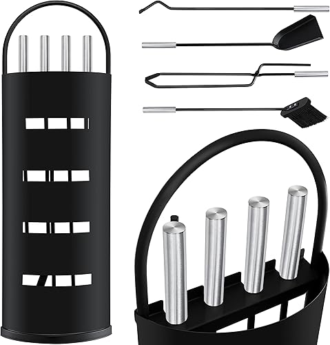 KESSER® Kaminzubehör 5-teiliges Kaminbesteck Set | Modern Design, beschichtet, Hochwertige Kamingarnitur aus 5 Teilen: Besen, Schaufel, Schürhaken, Zange, Ständer mit Sichtschutz Edelstahl Schwarz - Cheap-Us