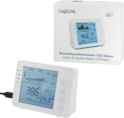 LogiLink SC0115 - CO2-Messgerät/Ampel (CO2-Konzentration 5000-ppm-Bereich) mit Ampel & Alarm für bessere Luftqualität, Temperatur- & Luftfeuchtigkeitsanzeige, weiß - Cheap-Us