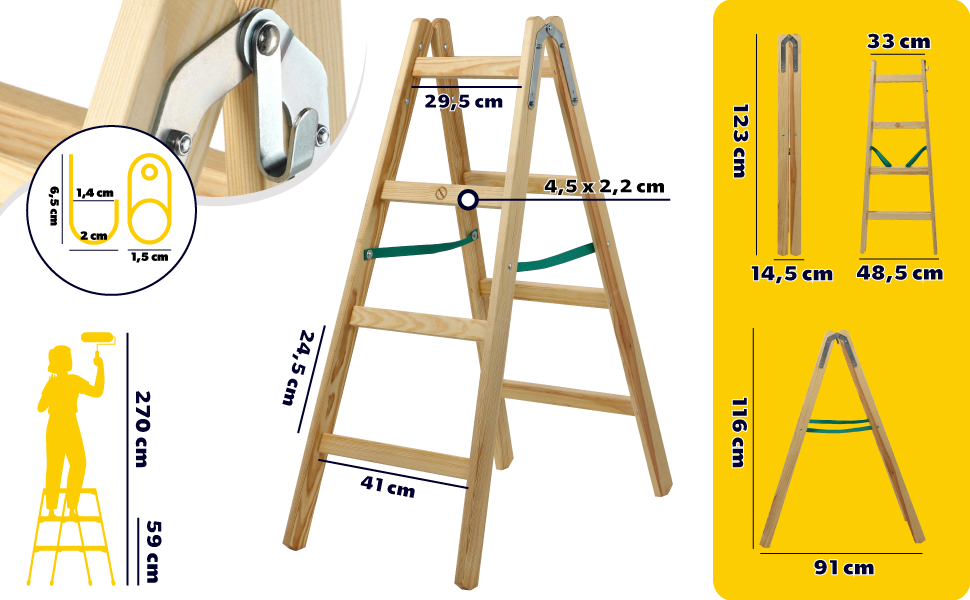Bockleiter bis 150 kg, klappbare Malerleiter, Doppelstufenleiter mit Stahlhaken