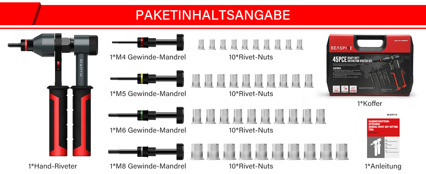 Nietmutternzange Set, Beaspire Nietmutter Kit