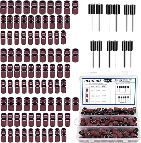 mxuteuk 210 Stück Schleiftrommel-Set, einschließlich 198 Stück Aluminiumoxid 80 120 240Grit Trommelschleifhülsen und 12 Stück Trommeldorne für Dremel Rotary Tool, Schleiftrommeln mit Box - Cheap-Us