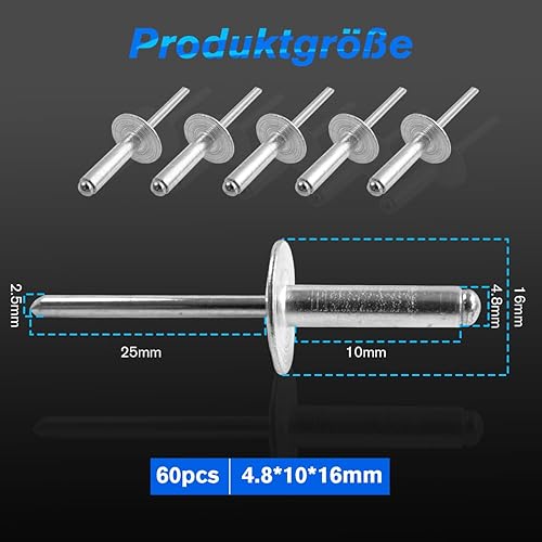 60 Stück Aluminium Blindnieten mit großem Flansch, Blindnieten Alu Nieten, Blindnieten Set, Blindnieten in Industrie-Qualität, 60er-Pack (Silber) (4.8mm × 12mm) - Cheap-Us