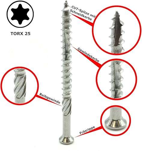 500 Stück Terrassenschrauben 5x60 Edelstahl C1 (AISI 410) TX25 - Terrassenbauschrauben Edelstahl mit Cut-Spitze und Schneidkerbe - Cheap-Us