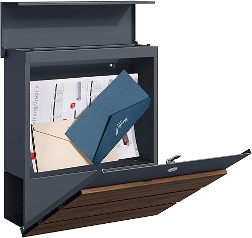 Toboli Briefkasten V63 Anthrazit und Holzdesign 410 x 130 x 370 mm, Wandbriefkasten mit Schloss, Soft Close Klappe und Zeitungsfach, Postkasten aus Stahl pulverbeschichtet - Cheap-Us