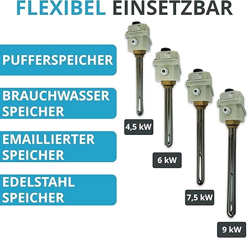 VanFlake Heizstab, Heizstab Warmwasserspeicher, Heizstab 1 1/2 Zoll, Heizpatrone Pufferspeicher 9kw, Heizstab Pufferspeicher, Heizelement 400V für Edelstahl und Emaillierte Wasserspeicher (9 kW) - Cheap-Us