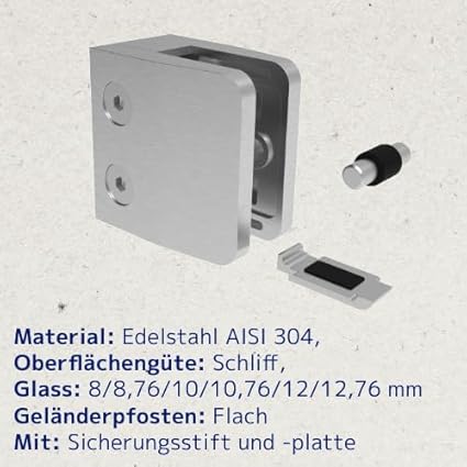 Sellon24® Glasklemme MOD26 52x52 mm Glashalter Glass Clamp Edelstahl flach Gummi 8,00-12,76mm (MOD 26 flach Gummi 12,76 mm) - Cheap-Us