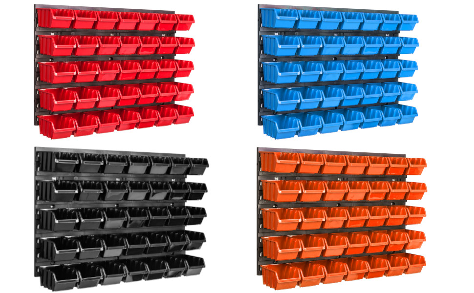 Werkzeugwand über der Werkbank mit Stapelboxen