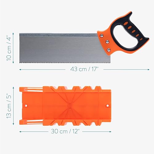 Navaris Gehrungslade und Handsäge - Set aus Kunststoff Schneidlade und Stahl Säge - Lade zum Schneiden von Holz Leisten 90° 45° 22,5°- Orange - Cheap-Us