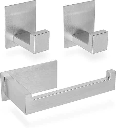 ECENCE 1x Toilettenpapierhalter + 2X Handtuchhaken ohne Bohren, Badezimmerset selbstklebend Chrom Badezimmeraccessoires - aus rostfreiem Edelstahl 304, Handtuchhalter + Klorollenhalter - Cheap-Us