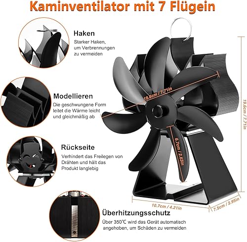 Fwiull Kaminventilator ohne Strom, 7 Blättern Ofenventilator Ventilator Für Kaminofen ohne Wärmebetriebener Stove Fan Leiser mit Ofenventilator Kaminventilator für Holzöfen/Holzbrenner oder Kamin - Cheap-Us