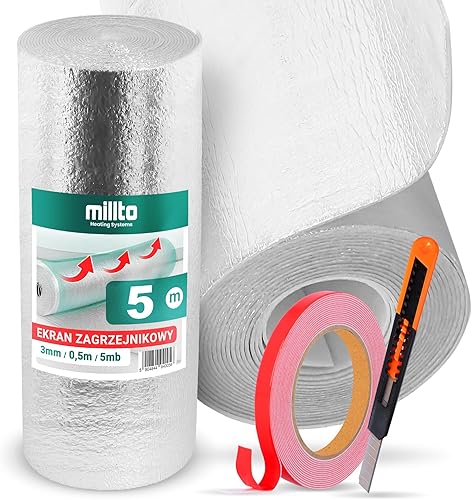 Millto Heizkörper Reflexionsfolie 5m x 0,5m x 3mm | Alufolie Isoliermatte Dämmung Isolierfolie Thermomatte Thermofolie Heizung Isolierung Wand Dämmfolie Wandisolierung Doppelklebeband Cuttermesser - Cheap-Us