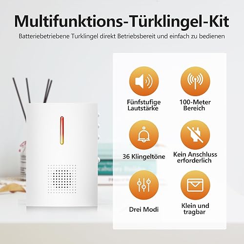 OULE GmbH Türklingel,Funkklingel Set, Funk Türklingel Kit,Kabellose Funk Türklingel,36 Melodien, bis zum 100m Reichweite Rein Batteriebetriebene Klingel (1 Sender und 1 Empfänger) - Cheap-Us