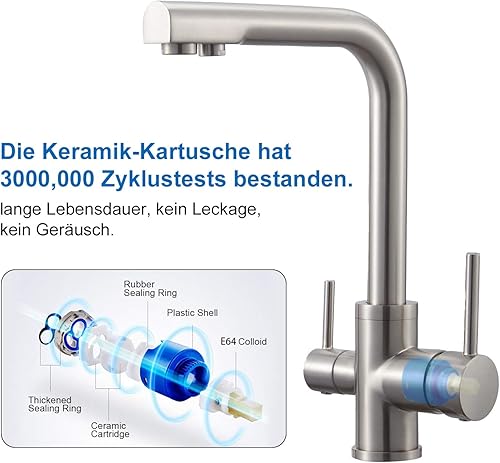 Wasserrhythm 3 Wege Küchenarmatur Küche Armatur Wasserfilter Wasserhahn für Trinkwasser Küchenspüle Doppelgriff Hochdruck 3-In-1 Mischbatterie,hoher Auslauf 360°schwenkbar,Messing Gebürstet Nickel - Cheap-Us