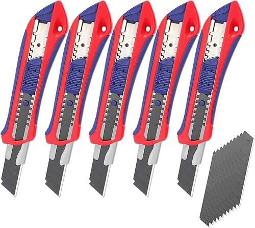 WORKPRO 5 Stück Cuttermesser Set 18mm mit 20 Ersatzklingen aus SK5, Profi Cuttermesser Abbrechklinge Kartonmesser, Mehrzweck Messer Allzweckmesser mit Gummigriff, Schneiden zum Papier, Karton - Cheap-Us