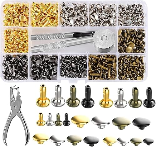 GIGIIS Leder Nieten 480 Set Doppelkappe Nieten 3 Größen Ledernieten Metallnieten Set Metall Doppelkappe Nieten Set mit 3 Stück Fixierung Werkzeug + Lochzange für DIY Leder Handwerk Tasche Gürtel - Cheap-Us