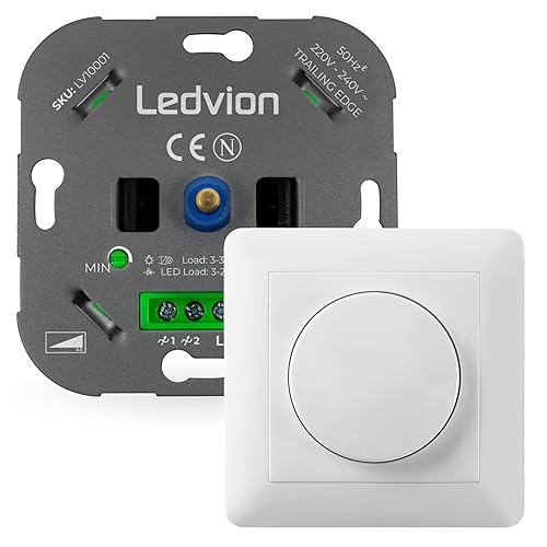 Ledvion LED Dimmer, 3-250 Watt, Universal, Lampe LED, Einbaudimmer, Dimmschalter, Inkl. Dimmer Abdeckplatte, Dimmer- Abdeckrahmen, Dimmer LED Lampen, Phasenabschnittsdimmer LED, Inkl. Adapter - Cheap-Us