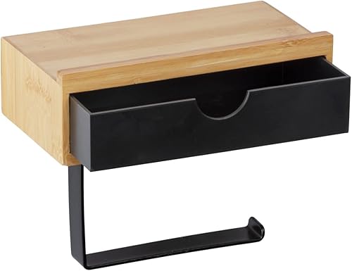 WENKO Toilettenpapierhalter Mod. Bambusa mit Ablage aus Bambus und Schublade, inkl. Befestigungsmaterial, Natur/Schwarz - Cheap-Us
