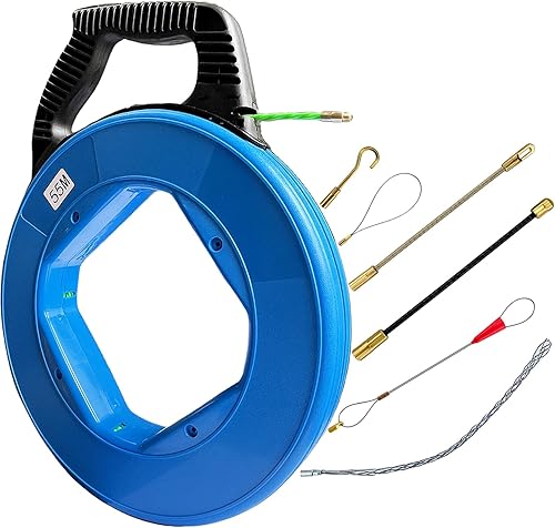 FORTSPANG Kabeleinziehhilfe Ø 4,5 mm, 55 m Einziehfeder aus Polyester, Zugdraht/Fish Tape mit 6 Führungsfedern und Kunststoffgehäuse für Leerrohre - Cheap-Us