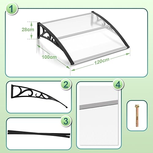 Hebitod Vordach für Haustür,100x150cm Transparent Polycarbonat 6mm Überdachung Haustür aus Aluminium, Pultbogenvordach mit ABS Halterung, Schnee und UV Schutz, Pultvordach - Cheap-Us
