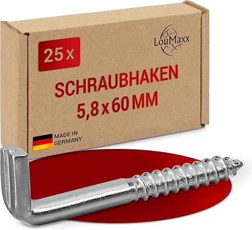 LouMaxx Schraubhaken 5,2x50 mm - 25er Set Winkelschrauben - Regalhaken mit Traglast bis 40 kg - Hacken Schrauben verzinkt - Robuste Wandhaken Schrauben für Bilder, Regale & mehr - Cheap-Us