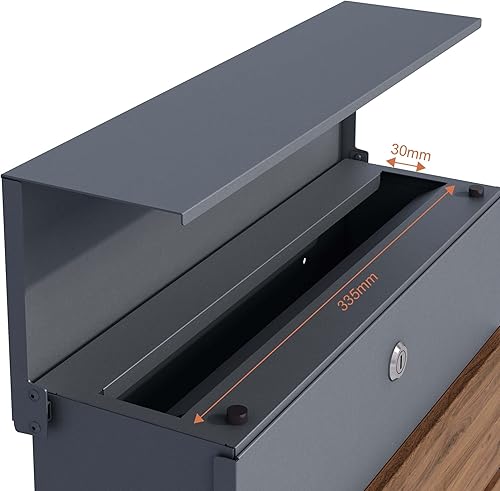 Toboli Briefkasten V63 Anthrazit und Holzdesign 410 x 130 x 370 mm, Wandbriefkasten mit Schloss, Soft Close Klappe und Zeitungsfach, Postkasten aus Stahl pulverbeschichtet - Cheap-Us
