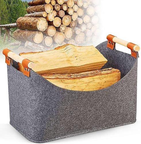 Forhome Holzkorb FüR Kaminholz, Filztasche Holzkorb für kaminholz, Faltbar Groß Holzkorb für Kaminholz, für Brennholz, Spielzeug, Bücher, Kleidung, Zeitungen 45 x 32 x 40 cm, Grau - Cheap-Us