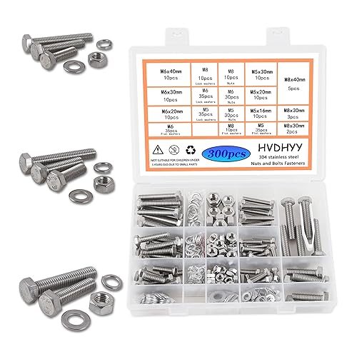 HVDHYY Schrauben und Mutter set M5 M6 M8 Sechskantschrauben DIN 933 A2-70 Edelstahl Gewindeschrauben Unterlegscheiben Nuts und Bolts 9 Größen mit Wiederverwendbaren Aufbewahrungsbox 300pcs - Cheap-Us
