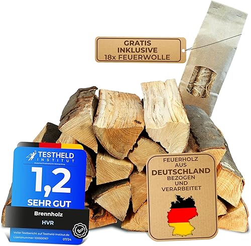 HVR 30 KG Brennholz 100% Buchenholz mit gratis 18 Stück Anzündwolle - Trockenes, naturbelassenes Kaminholz - Scheitlänge 25 cm - Restfeuchte unter 15% - Made in Germany - Cheap-Us