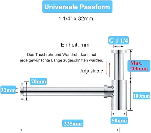 Messing Design Siphon, Keymark Universal Siphon für Waschbecken & Waschtisch, mit 200 Tauchrohr Flaschensiphon 1 1/4 x 32mm, Bad Abflussgarnitur passgenau Rund Geruchverschluss, Verchromt - Cheap-Us