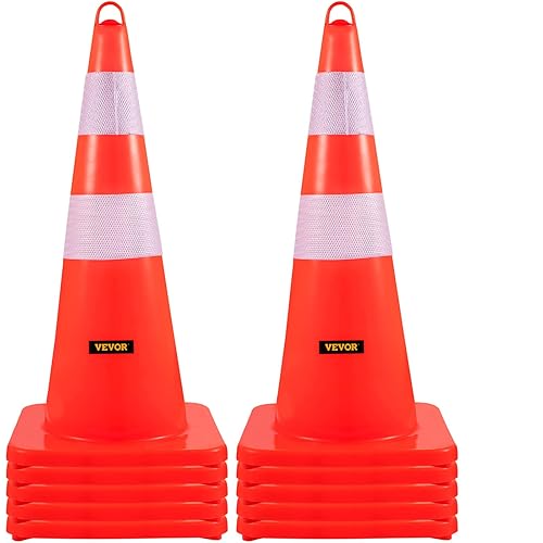 VEVOR Sicherheitskegel, 10 Stück 28 Zoll Verkehrskegel, Orangefarbene PVC-Baukegel, 2 Reflektierende Kragen, Verkehrskegel mit Beschwerter Basis und Handring, für Verkehrskontrolle - Cheap-Us