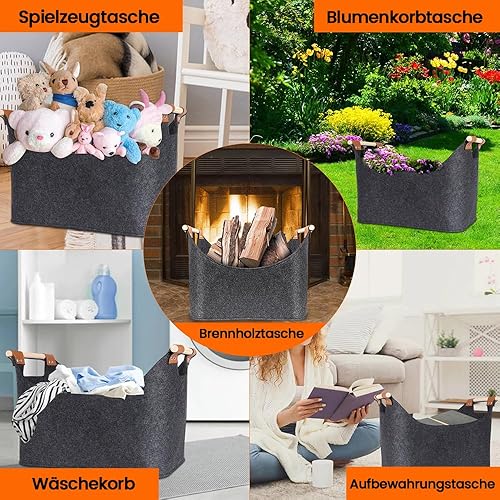 XXL Brennholzkorb 2 Stücke Filzkorb extra dicker Filz und verstärkter Griff | Faltbarer Holzkorb Filztasche als Aufbewahrungskorb für Einkauf, Holz, Zeitung oder Brennholz - Cheap-Us