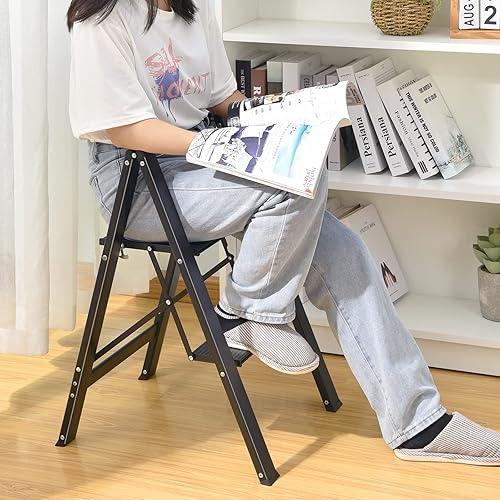 KINGRACK Stufenleiter, Trittleiter 2 Stufen, Klapptrittleiter mit Handlauf, rutschfeste Haushaltsleiter mit Klappsicherung, Aluminium Tritthocker Schwarz - Cheap-Us