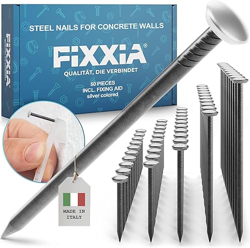 FIXXIA 50 Stahlnägel mit silberfarben Kopf gemischte Längen 20/25/30/40/50mm, Bildernägel, Nägel zum Bilder aufhängen, Bildaufhänger, Betonnägel, Aufhänger für Bilder (ohne Einschlaghilfe) - Cheap-Us