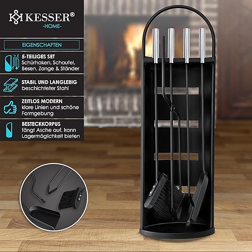KESSER® Kaminzubehör 5-teiliges Kaminbesteck Set | Modern Design, beschichtet, Hochwertige Kamingarnitur aus 5 Teilen: Besen, Schaufel, Schürhaken, Zange, Ständer mit Sichtschutz Edelstahl Schwarz - Cheap-Us