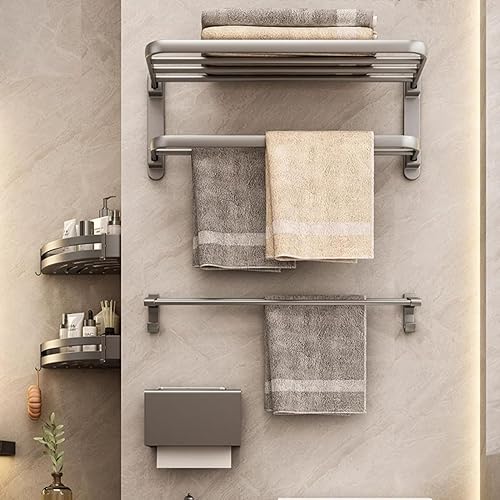 Handtuchhalter,Wandmontage Handtuchhalter ohne Bohren Bad mit 2 Handtuchstangen, Aluminium Badetuchhalter, Matt schwarz,58cm - Cheap-Us