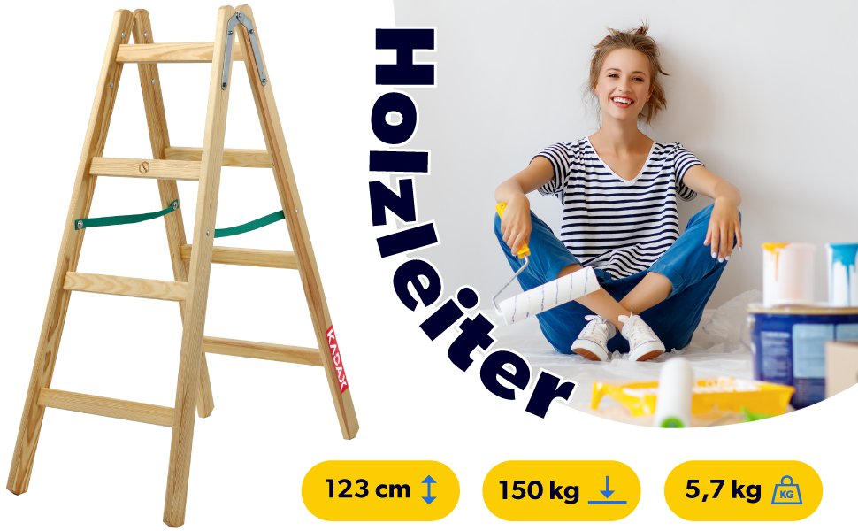 Holzleiter, Bockleiter bis 150 kg, klappbare Malerleiter, Doppelstufenleiter mit Stahlhaken