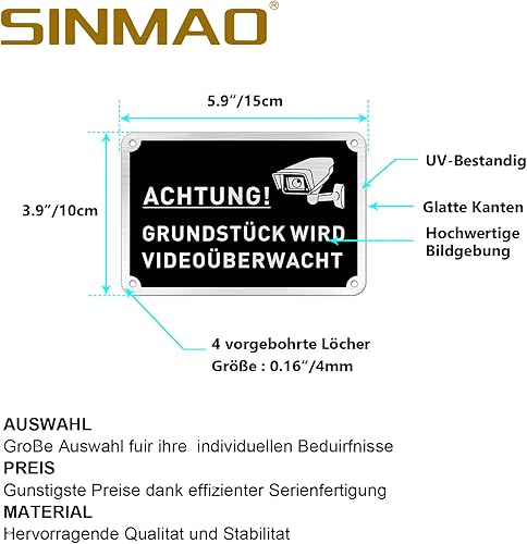 SINMAO “ACHTUNG!GRUNDSTÜCK WIRD VIDEOÜBERWACHT ”mit Bohrlächer,Wetterfest,Reflektierend - (15 x 10 cm,0.1 cm Dick）- Warntafel-Videoüberwachung Schilder - Cheap-Us