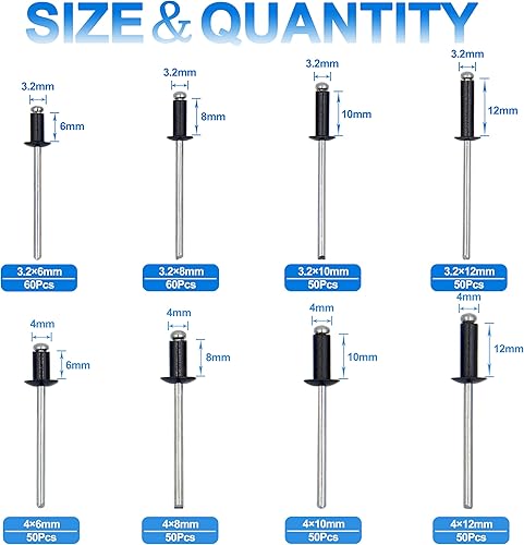 BESTYCHAO 420 Stück 8 Größen Aluminium Blindnieten, M3.2 M4 Pop Nieten Sortiment Kit (Schwarz) - Cheap-Us