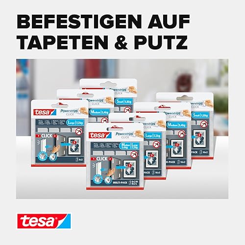 tesa Powerstrips CLICK - Klett-Klebepads zum An- und Abklicken von Bilderrahmen und Wanddekorationen ohne Bohren - selbstklebende Klettband-Strips mit ON und OFF Click-System - Large - 4 x 2 Stück - Cheap-Us