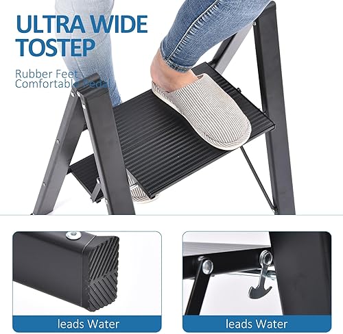 KINGRACK Stufenleiter, Trittleiter 2 Stufen, Klapptrittleiter mit Handlauf, rutschfeste Haushaltsleiter mit Klappsicherung, Aluminium Tritthocker Schwarz - Cheap-Us