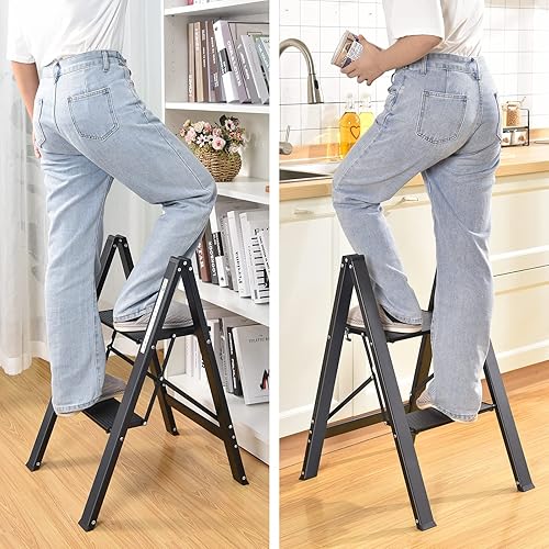 KINGRACK Stufenleiter, Trittleiter 2 Stufen, Klapptrittleiter mit Handlauf, rutschfeste Haushaltsleiter mit Klappsicherung, Aluminium Tritthocker Schwarz - Cheap-Us