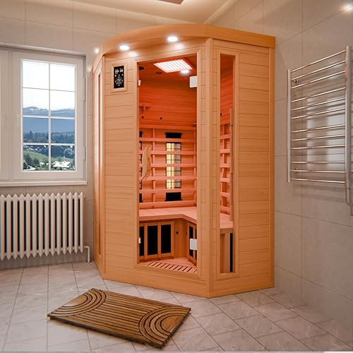 Dewello Infrarotkabine LAKEFIELD 3 120x120 DUAL-THERM für 1-2 Personen aus Hemlock Holz mit Vollspektrumstrahler - Cheap-Us