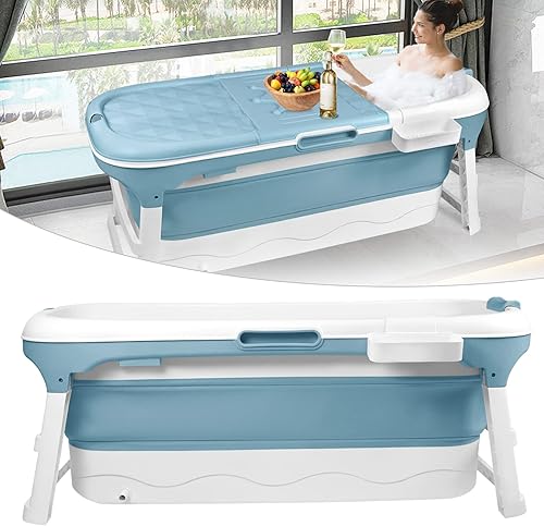 HENGMEI Faltbare Badewanne Erwachsene XXL Mobile Tragbare Badewanne Mit Abdeckung Massagerollen und Badewannenablage, Blau (148 x 62 x 53 cm) - Cheap-Us