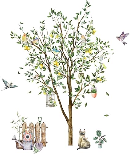 Zitronenbaum Wandtattoo Grüner Baum Wandaufkleber Aufkleber Flieger Vogel Wandsticker Kätzchen Zaun Wandaufkleber Schlafzimmer Wohnzimmer Sofa Hintergrund Wanddekoration (90 * 30 cm 2 PCS) - Cheap-Us